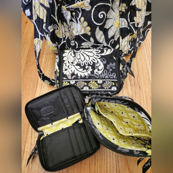 Vera Bradley Black Yellow Button Floral Paisley Tote Bag with Accessories Large - Picture 3 of 16